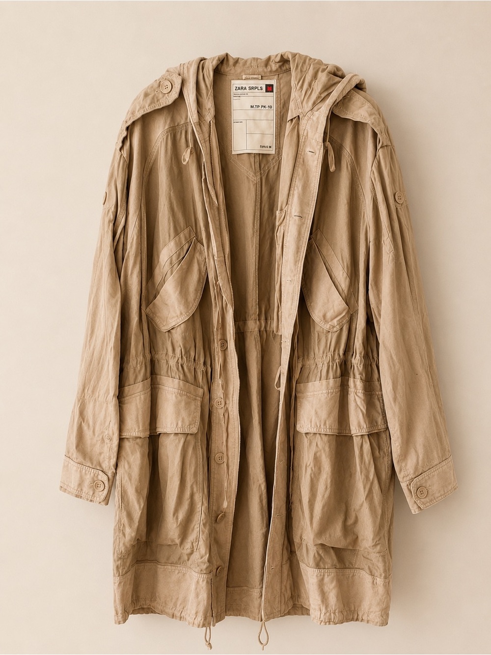 Zara SRPLS Taupe Military Hooded Parka Jacket Cupro